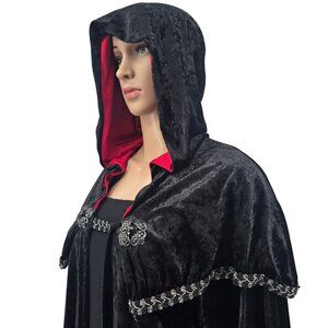 Gothic Hooded Long Cloak With Red Satin Lining & Embellished Trim